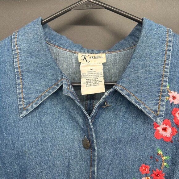 Vintage K Studio Plus Size 14 Denim Embroidered Floral Open Back Button Up Shirt - Picture 14 of 14